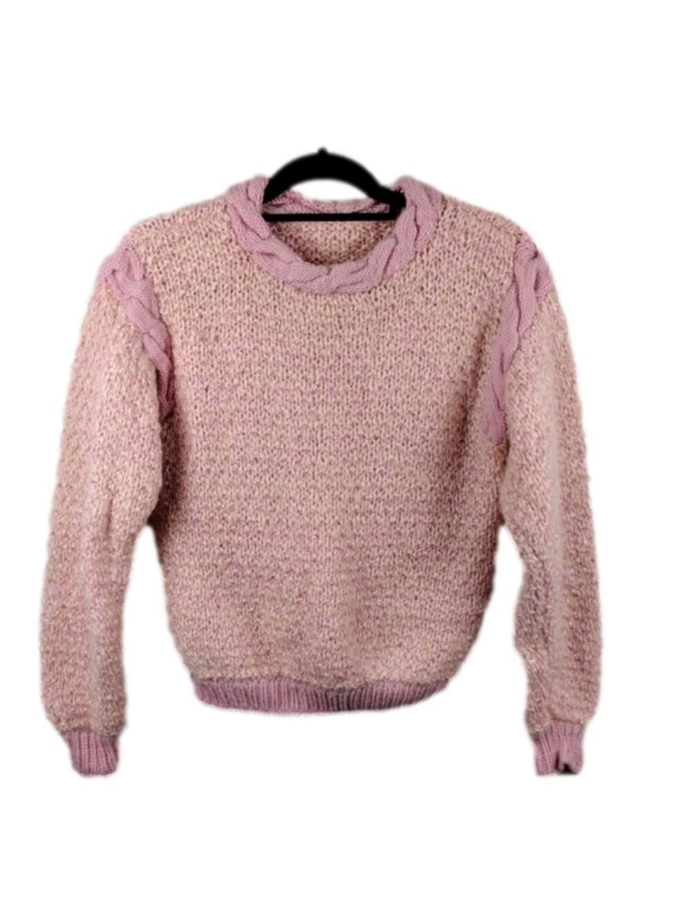 Pink Crew Neck Long Sleeve Pullover Handmade Heavy Cable Knit Sweater Top